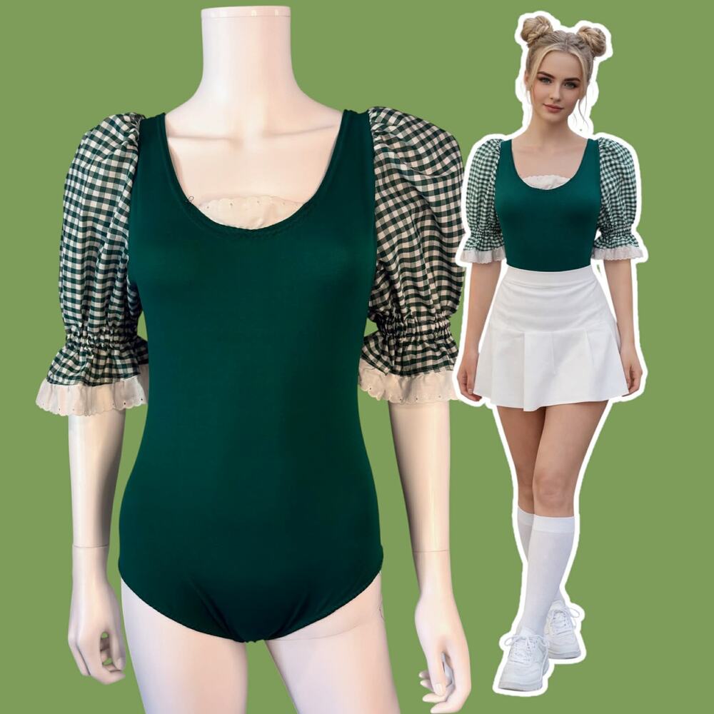 Vtg Green Gingham Bodysuit Puff Sleeve St. Patricks Day Coquette Milkmaid Top